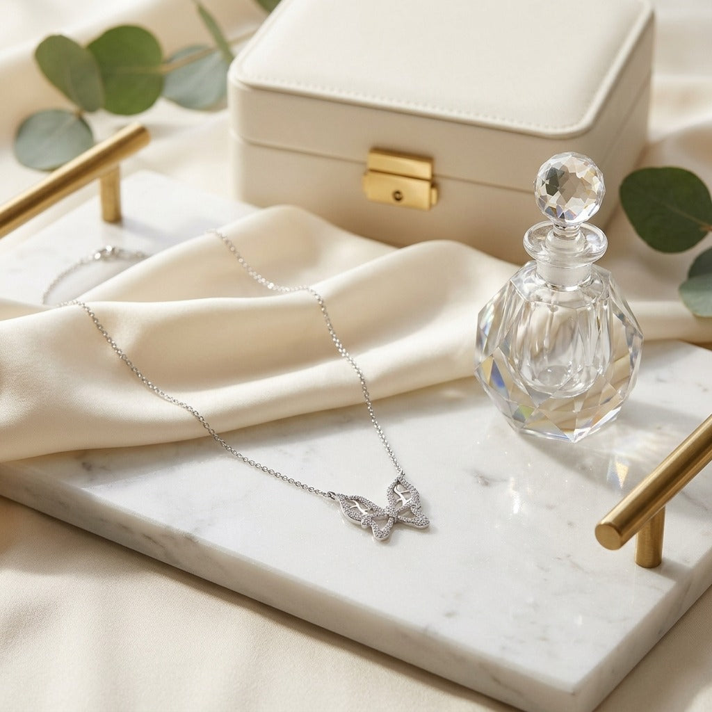 Diamond Floating Butterfly Necklace 1/10ctw 17in Cable Chain in 18K White Gold - lifestyle