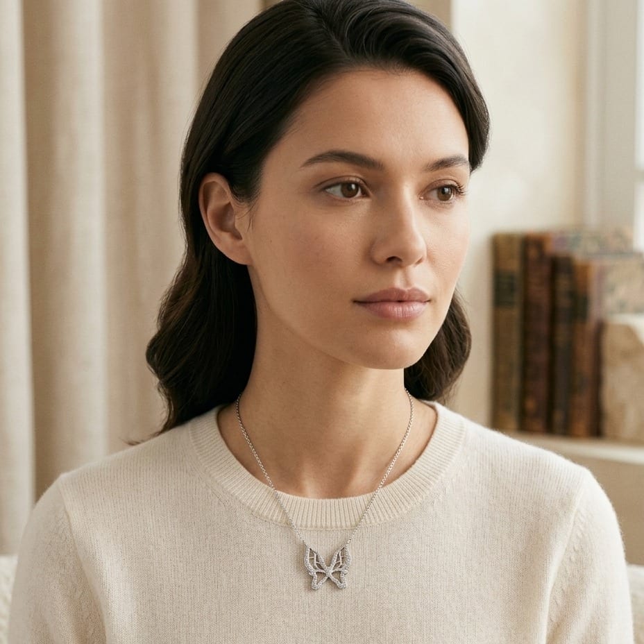 Diamond Floating Butterfly Necklace 1/10ctw 17in Cable Chain in 18K White Gold - editorial