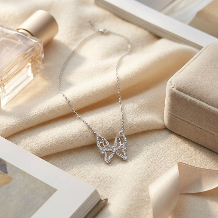 Diamond Floating Butterfly Necklace 1/10ctw 17in Cable Chain in 18K White Gold - flat lay