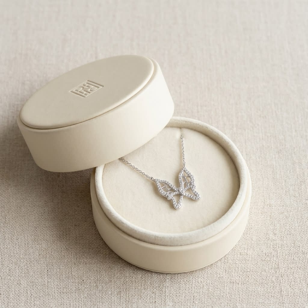 Diamond Floating Butterfly Necklace in 18K White Gold (0.10 Ct.tw), in navy velvet jewelry box