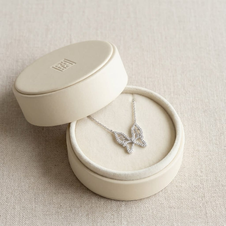 Diamond Floating Butterfly Necklace in 18K White Gold (0.10 Ct.tw), in navy velvet jewelry box