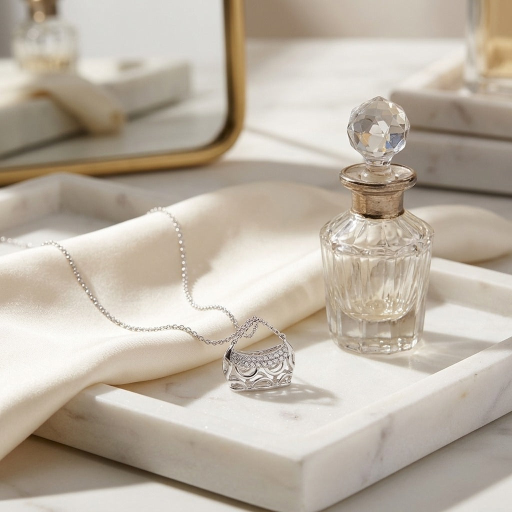 Diamond Handbag Pendant in 18K White Gold - editorial