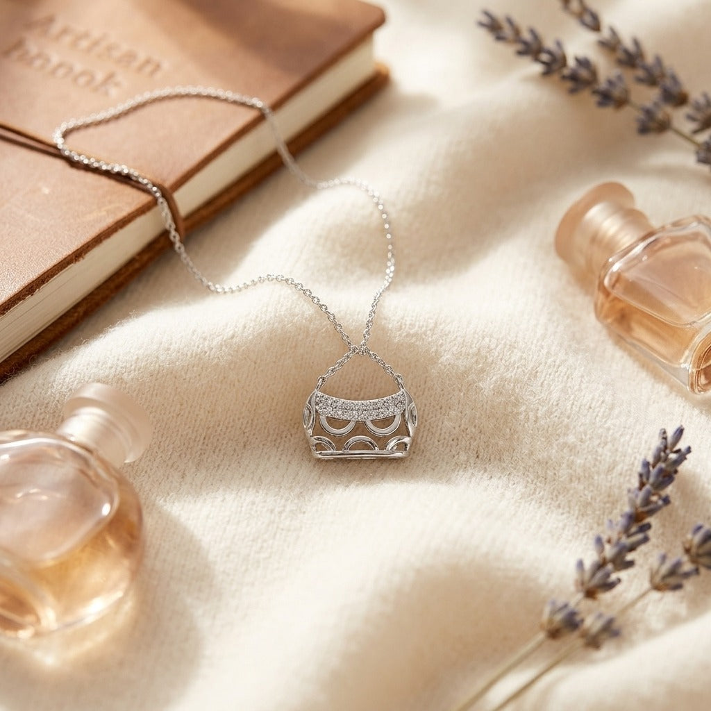 Diamond Handbag Pendant in 18K White Gold - flat lay