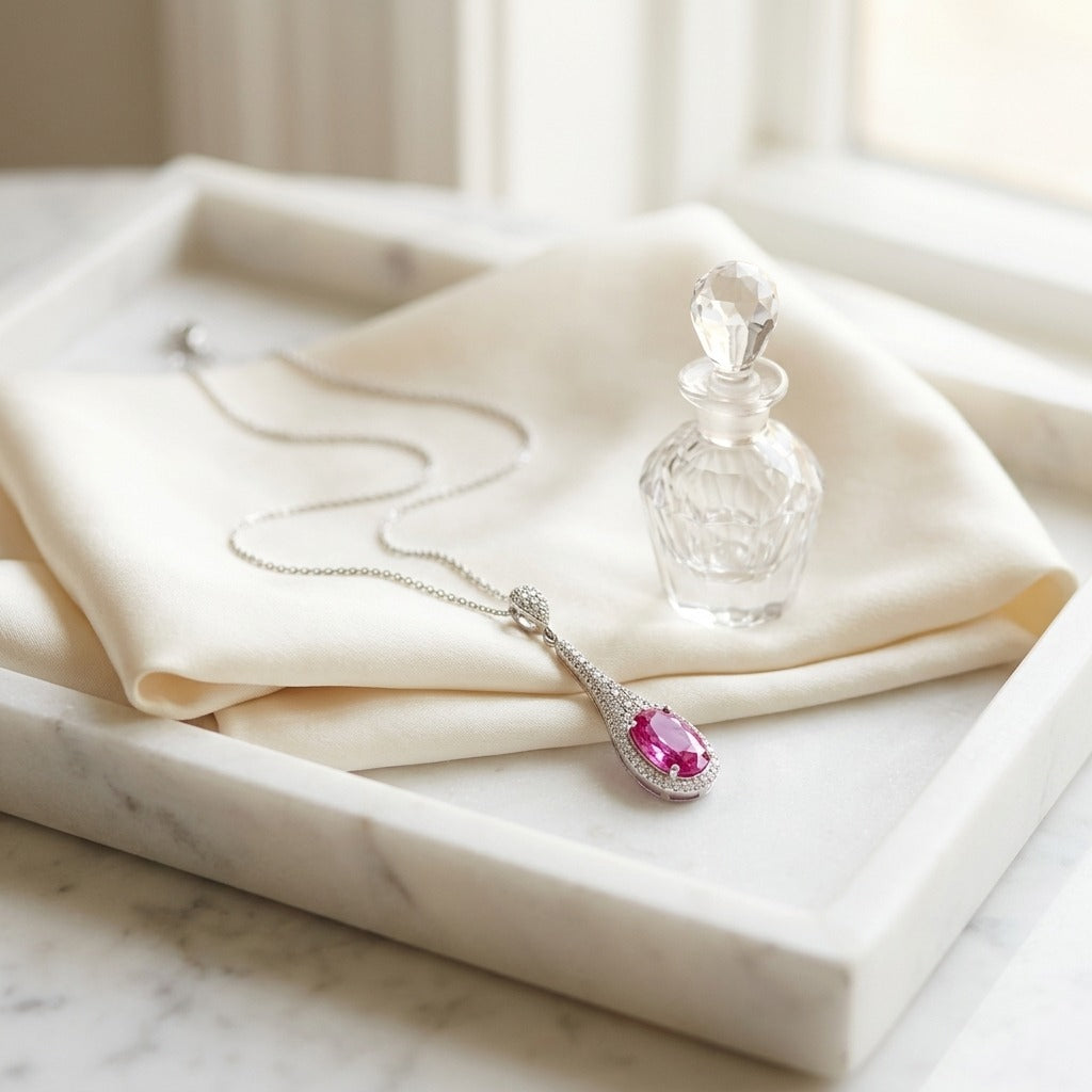 Pink Sapphire & Diamond Handmade Paddle Pendant in 18K White Gold - editorial