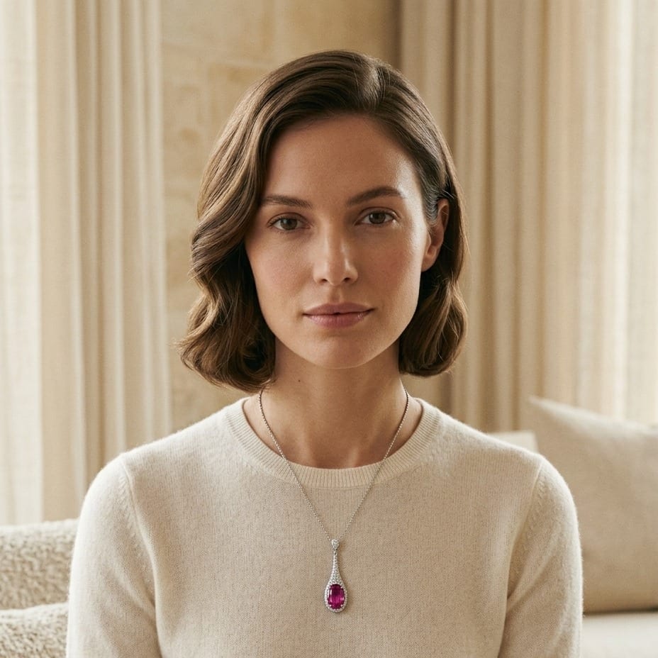 Pink Sapphire & Diamond Handmade Paddle Pendant in 18K White Gold - lifestyle