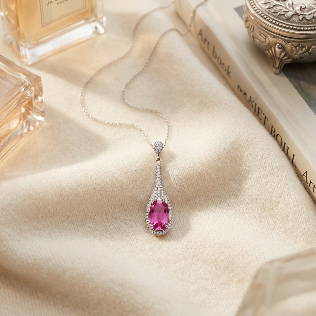 Pink Sapphire & Diamond Handmade Paddle Pendant in 18K White Gold - flat lay