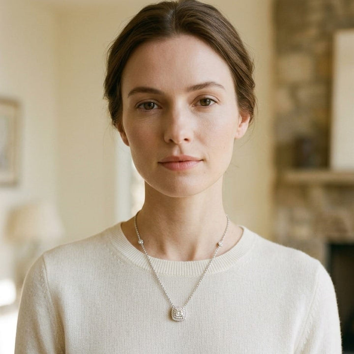 Diamond Double Entourage Cushion Cut Pendant 1.72ctw in 18K White Gold - lifestyle