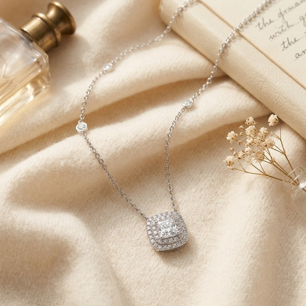 Diamond Double Entourage Cushion Cut Pendant 1.72ctw in 18K White Gold - flat lay