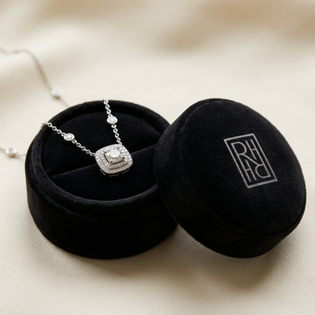 Diamond Double Entourage Cushion Cut Pendant 1.72ctw in 18K White Gold - presentation