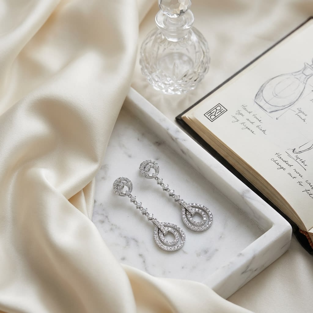 Diamond Double Door Knocker Earrings in 18K White Gold, on marble vanity tray with silk