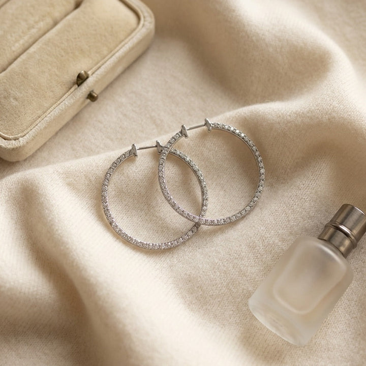 Diamond Hoop Earrings in 18K White Gold - flat lay
