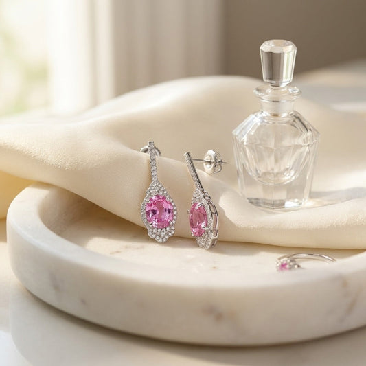 Pink Sapphire & Diamond Dangle Oval Earrings in 18K White Gold - editorial