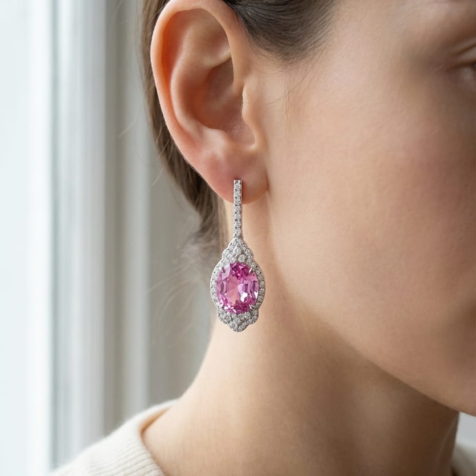 Pink Sapphire And Diamond Dangle Oval Earrings in 18K White Gold, worn close-up portrait