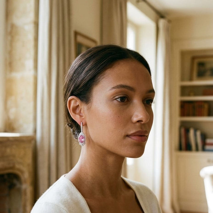 Pink Sapphire & Diamond Dangle Oval Earrings in 18K White Gold - lifestyle