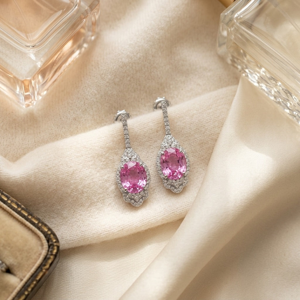 Pink Sapphire & Diamond Dangle Oval Earrings in 18K White Gold - flat lay
