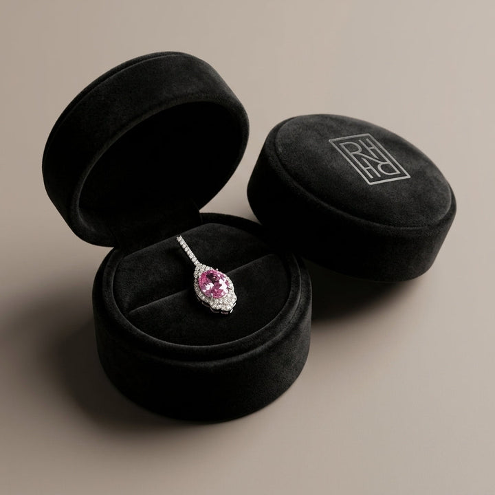 Pink Sapphire & Diamond Dangle Oval Earrings in 18K White Gold - presentation
