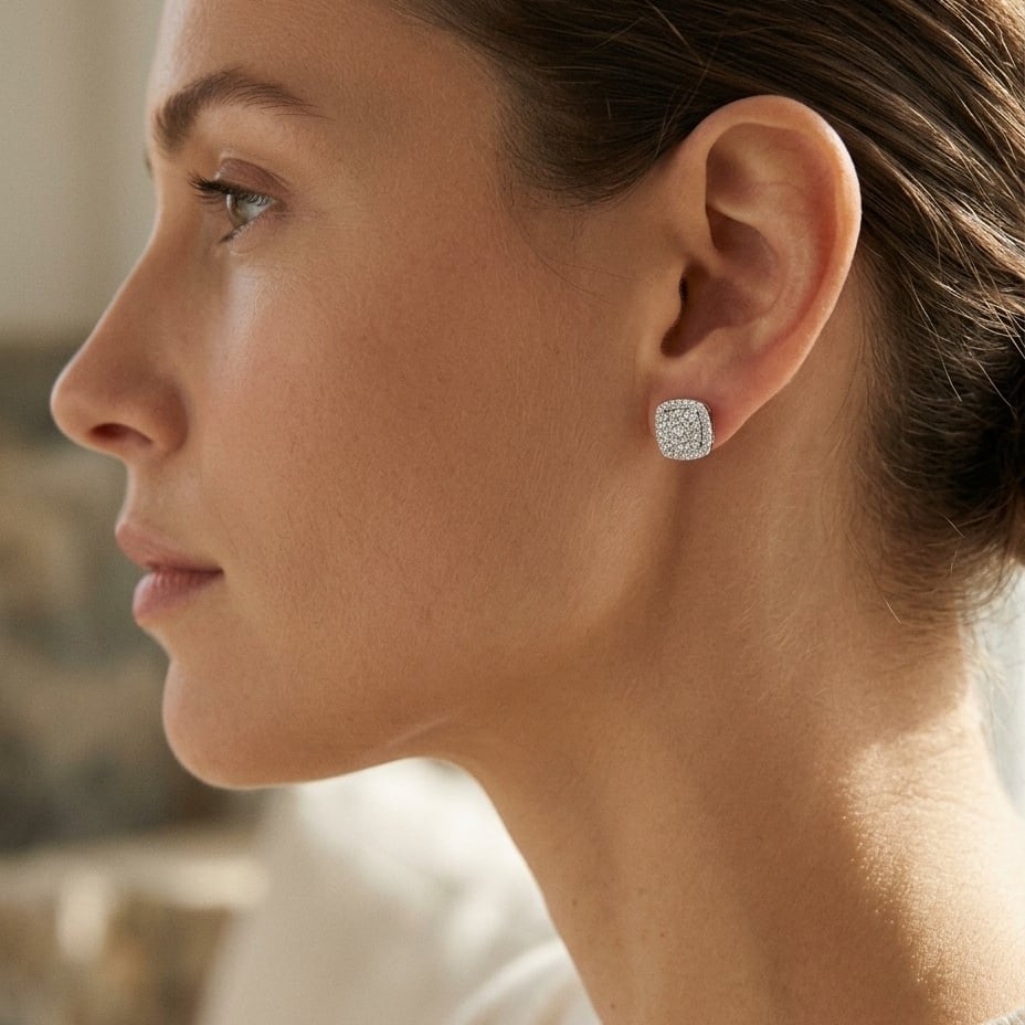 Diamond Pave Concave Square Earrings in 18K White Gold - lifestyle