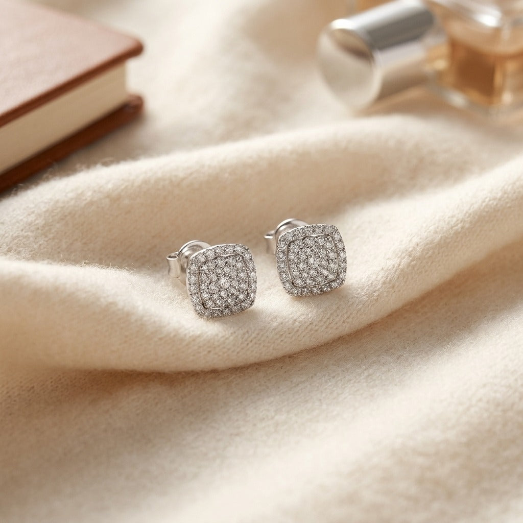 Diamond Pave Concave Square Earrings in 18K White Gold - flat lay