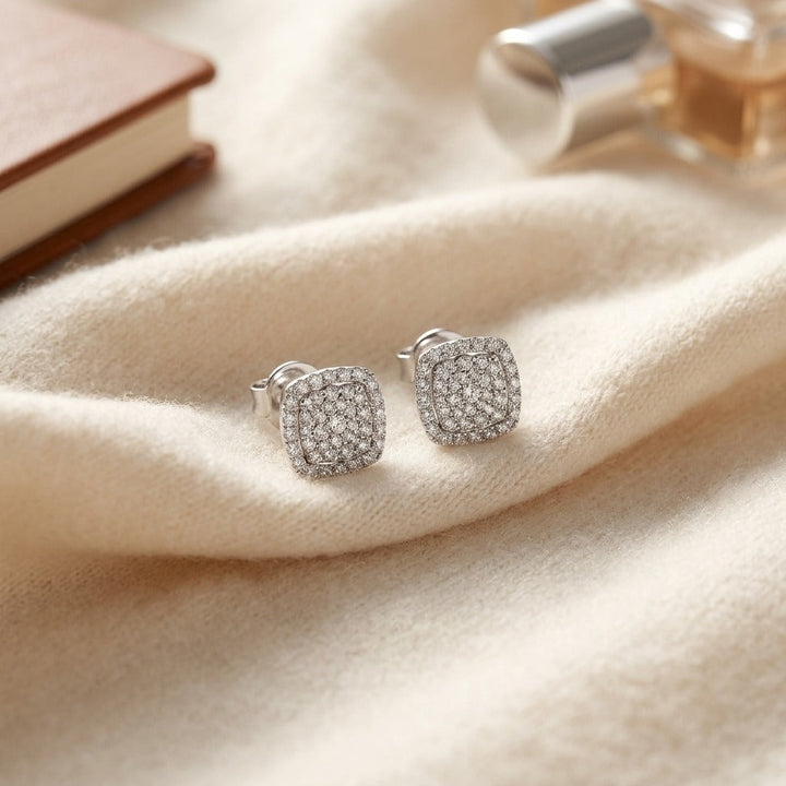 Diamond Pave Concave Square Earrings in 18K White Gold - flat lay