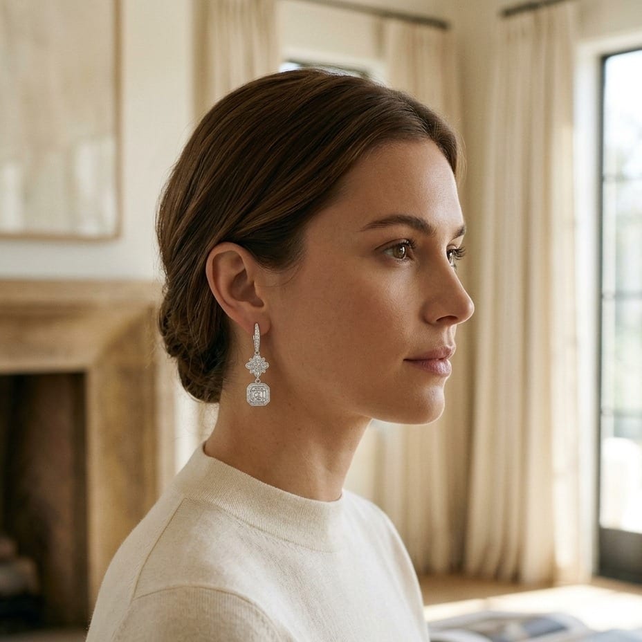 Diamond Asscher Cut Composite Dangle Drop Earrings in 18K White Gold - lifestyle