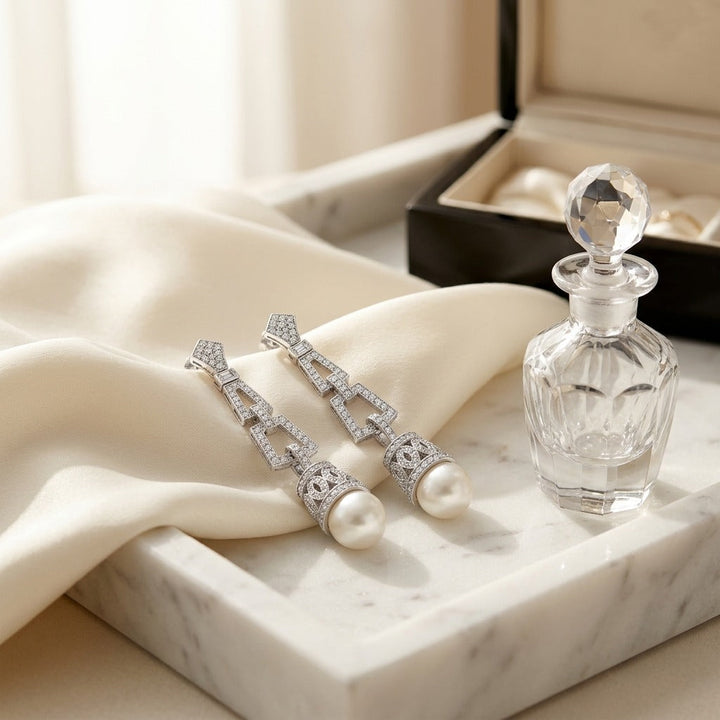 Pearl & Diamond Art Deco Dangle Earrings , Includes Igi Certificate in 18K White Gold - lifestyle