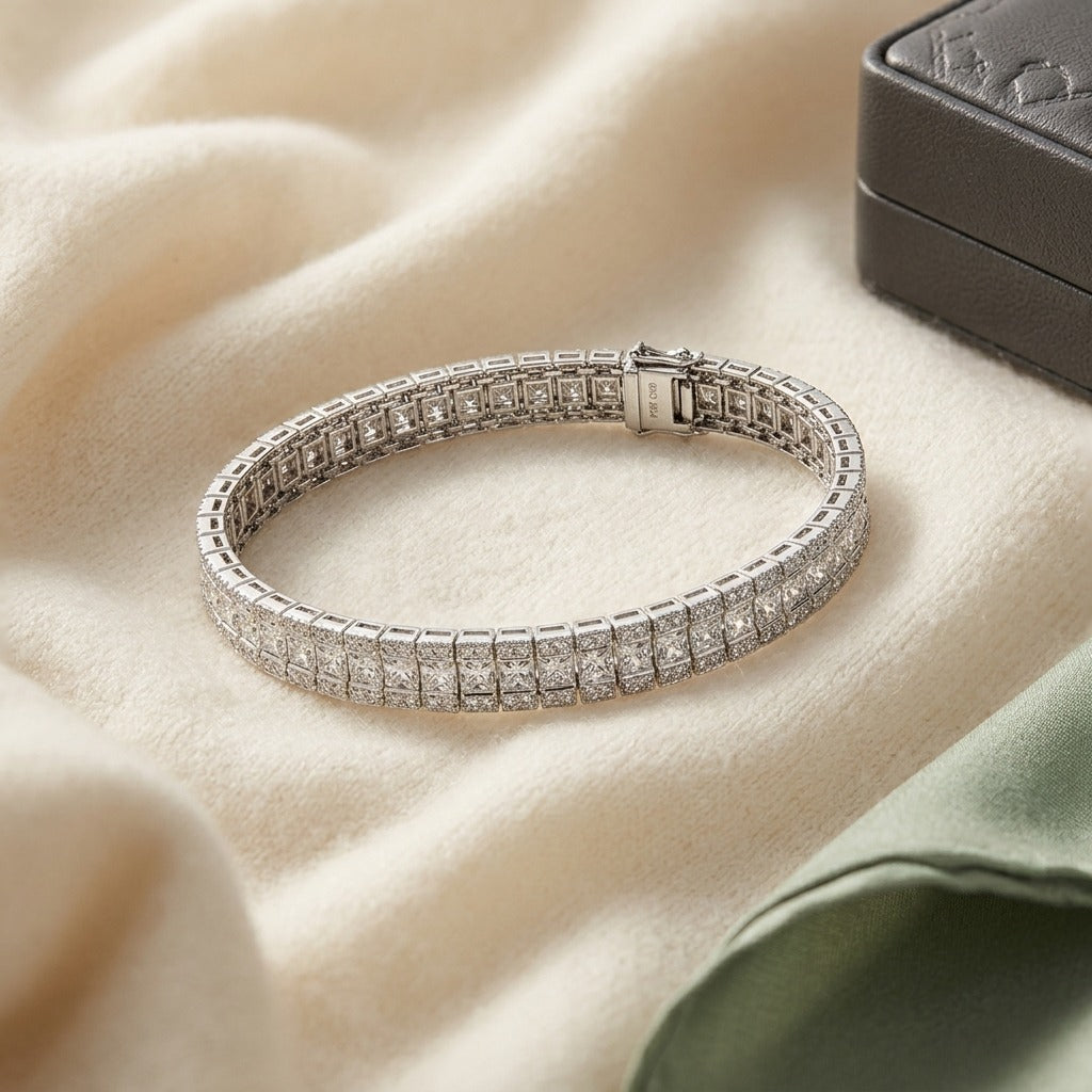 Princess & Round Diamond Tennis Bracelet in 18K White Gold - flat lay