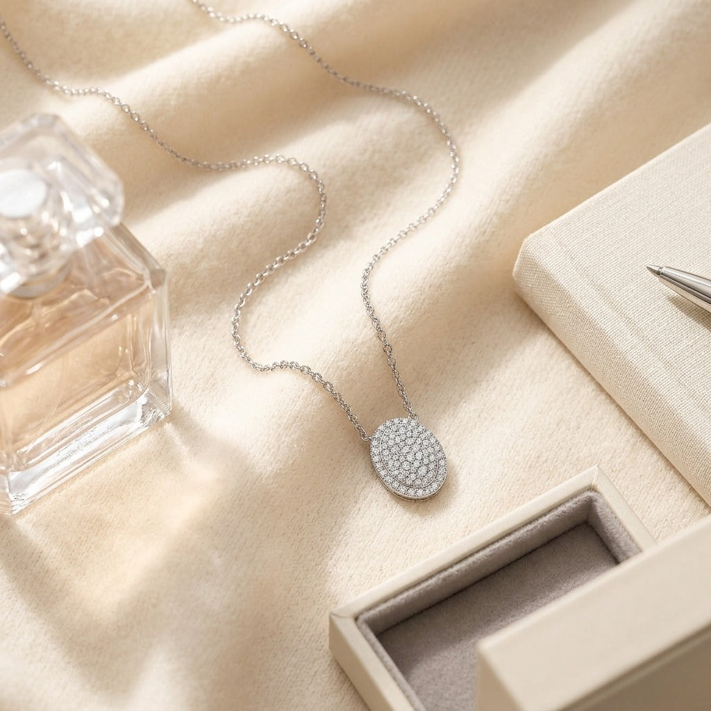Diamond Pave Concave Oval Necklace 1/2ctw in 18K White Gold - flat lay