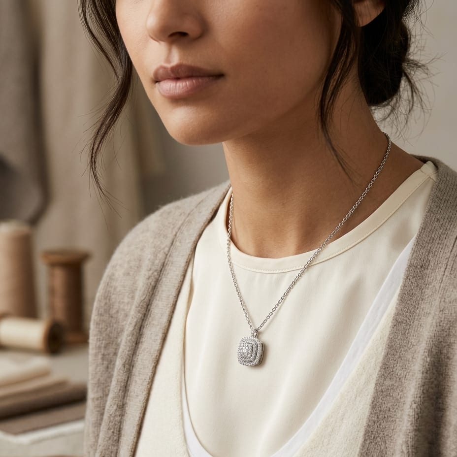 Cushion Diamond Pavé Cluster Necklace in 18K White Gold, 0.50ct, worn close-up portrait