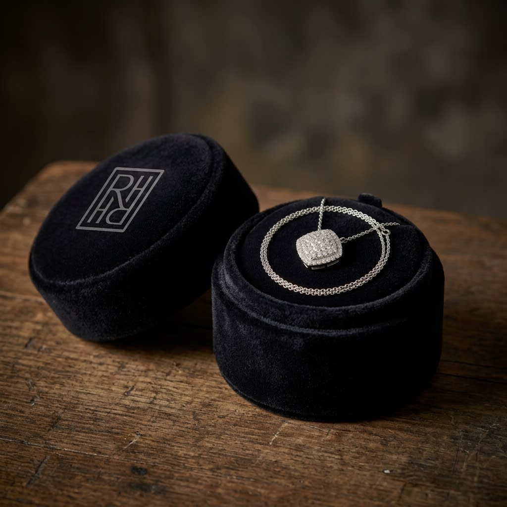Cushion Diamond Pavé Cluster Necklace in 18K White Gold, 0.50ct, in navy velvet jewelry box