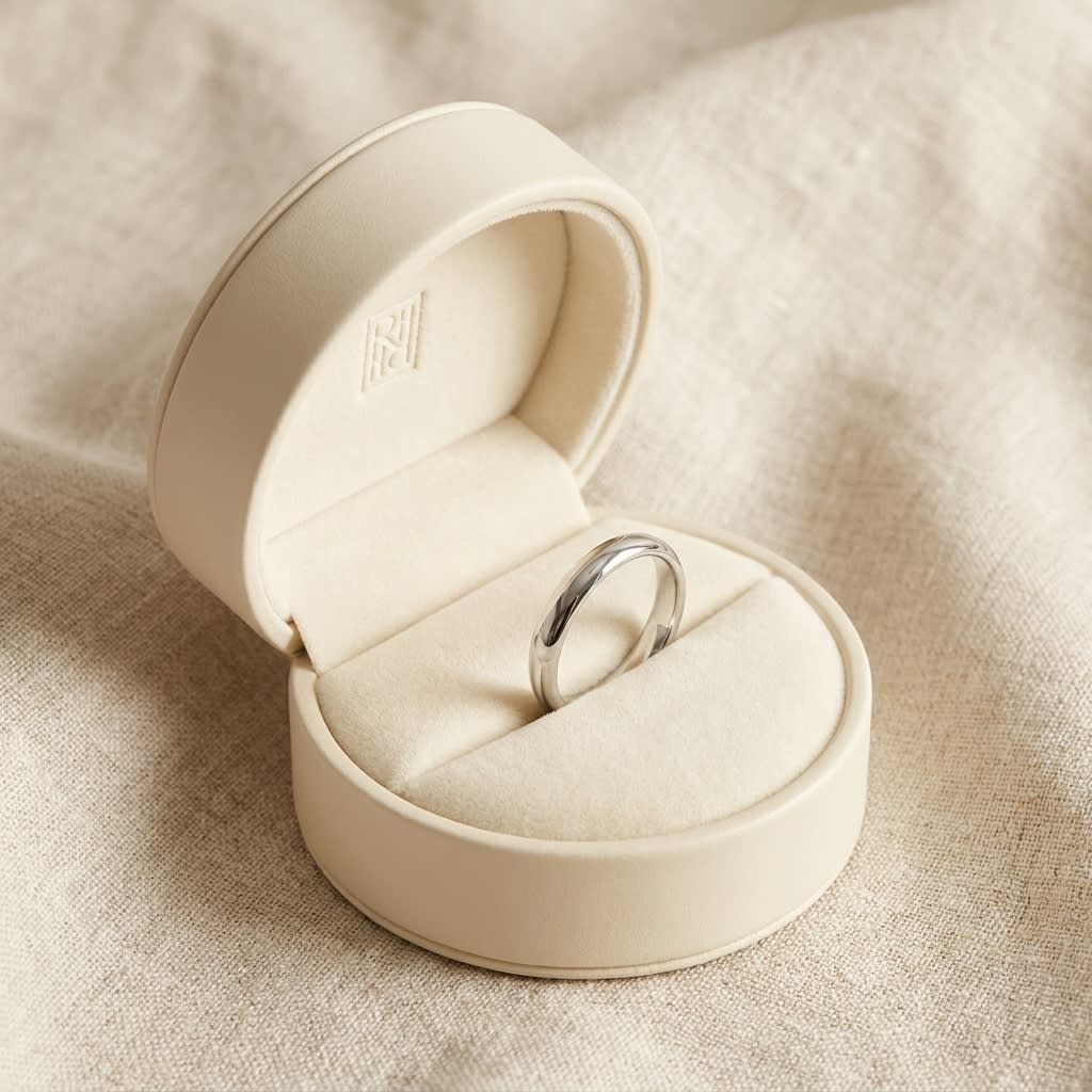2mm Slightly Domed Traditional Oval Wedding Band in 18K White Gold, in navy velvet jewelry box