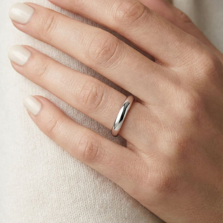 2.5mm Slightly Domed Traditional Oval Wedding Band in 18K White Gold, worn on hand, close-up