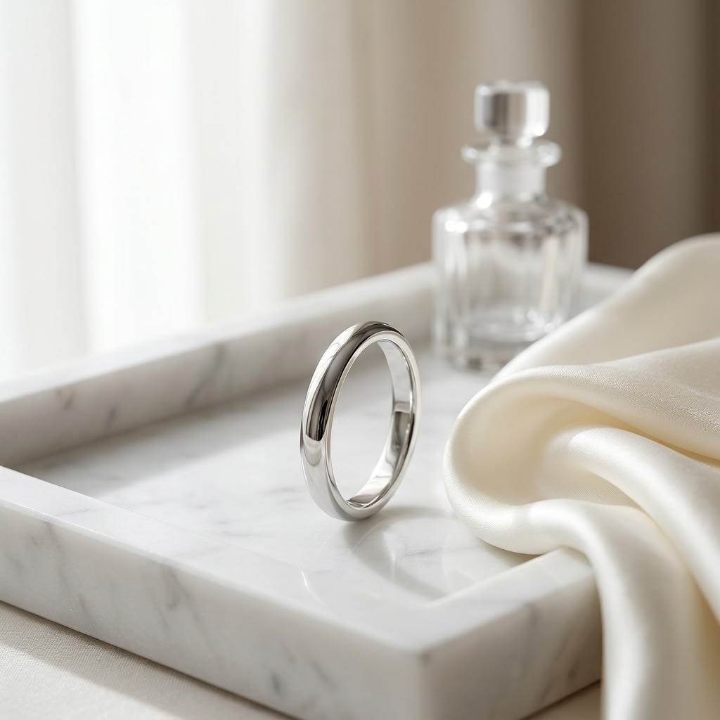 2.5mm Slightly Domed Traditional Oval Wedding Band in 18K White Gold, on marble vanity tray with silk