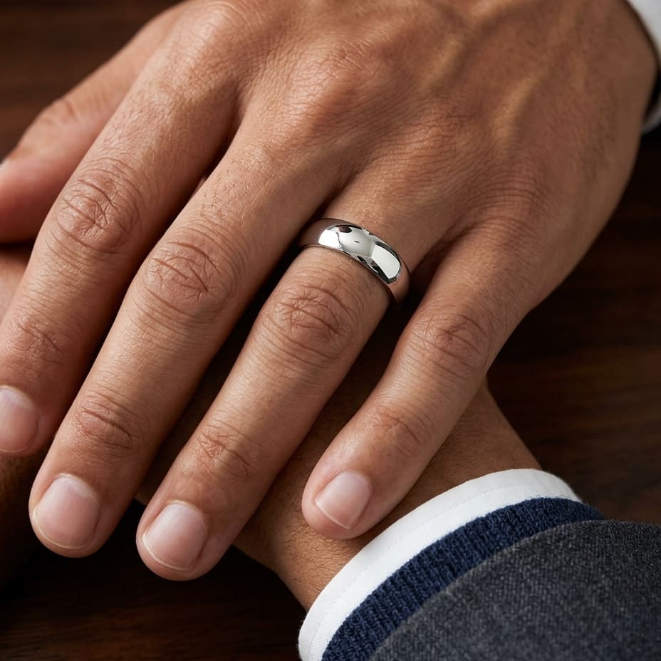 6mm Slightly Domed Traditional Oval Wedding Band in 18K White Gold, worn on hand, masculine close-up