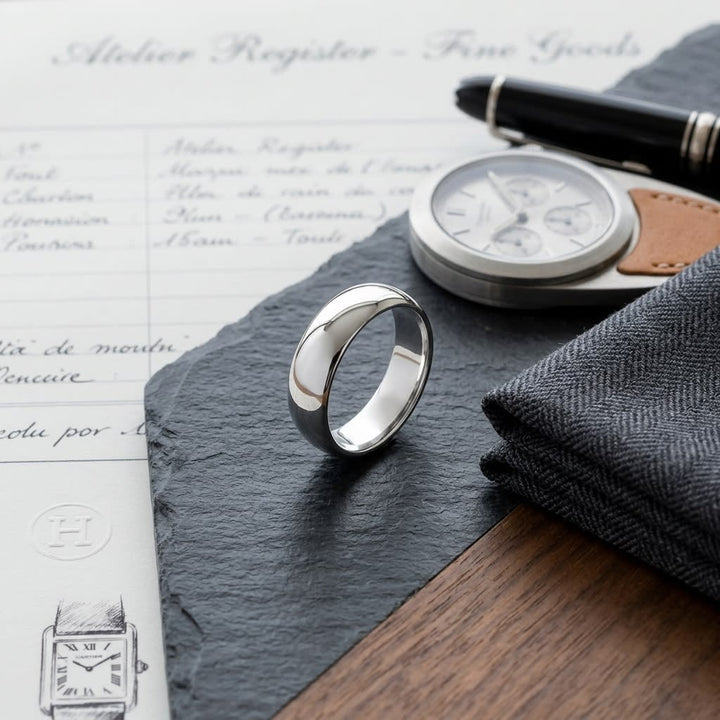 6mm Slightly Domed Traditional Oval Wedding Band in 18K White Gold, on walnut surface with pocket square