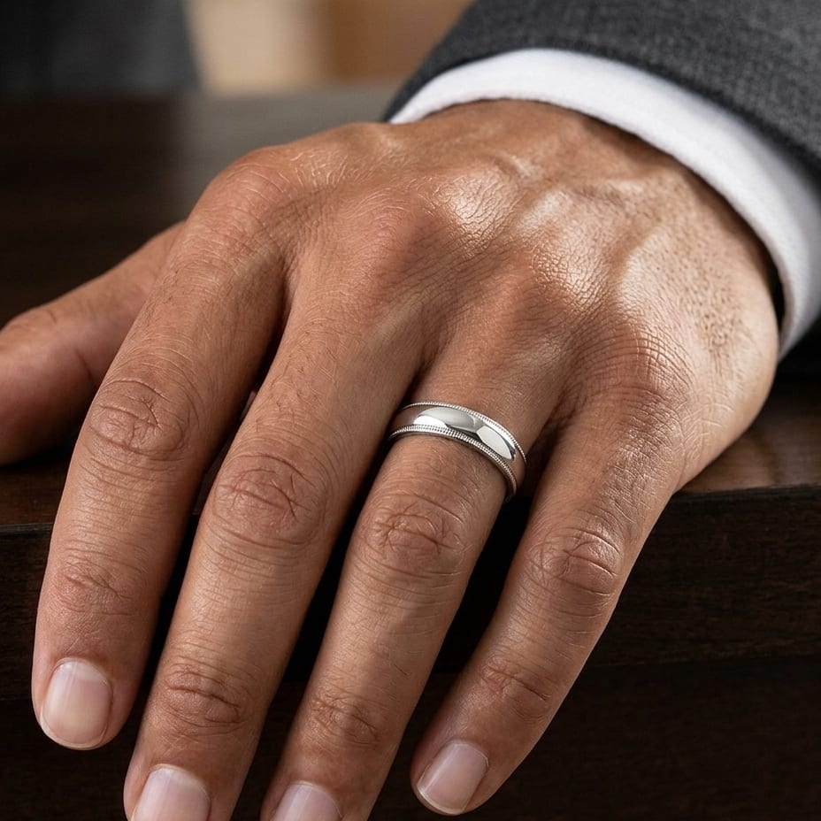5mm Slightly Domed Traditional Oval Milgrain Wedding Band in 18K White Gold, worn on hand, masculine close-up