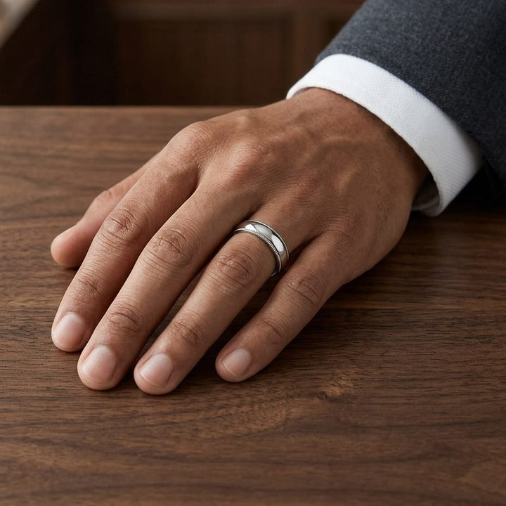 5mm Slightly Domed Traditional Oval Milgrain Wedding Band in 18K White Gold, worn on hand, masculine full view