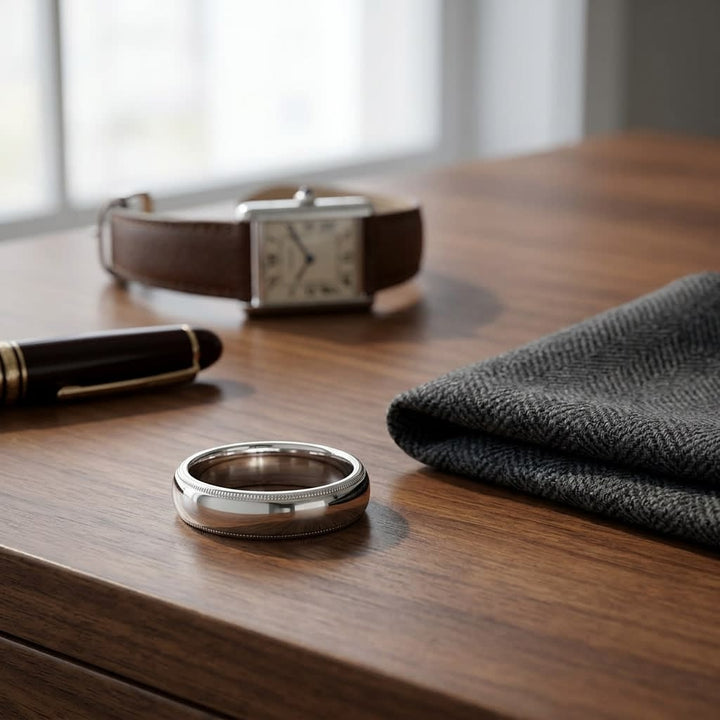 5mm Slightly Domed Traditional Oval Milgrain Wedding Band in 18K White Gold, on walnut surface with pocket square