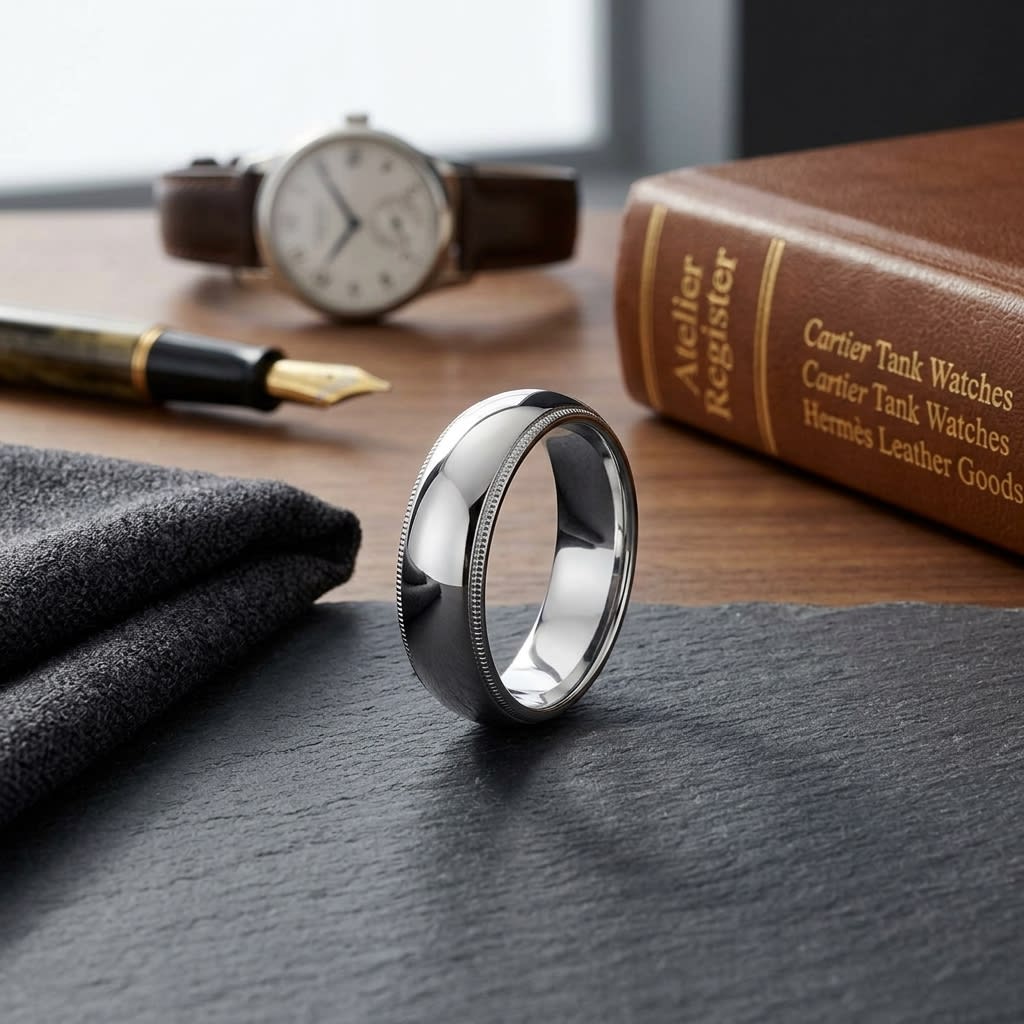 6mm Slightly Domed Traditional Oval Milgrain Wedding Band in 18K White Gold, on walnut surface with pocket square