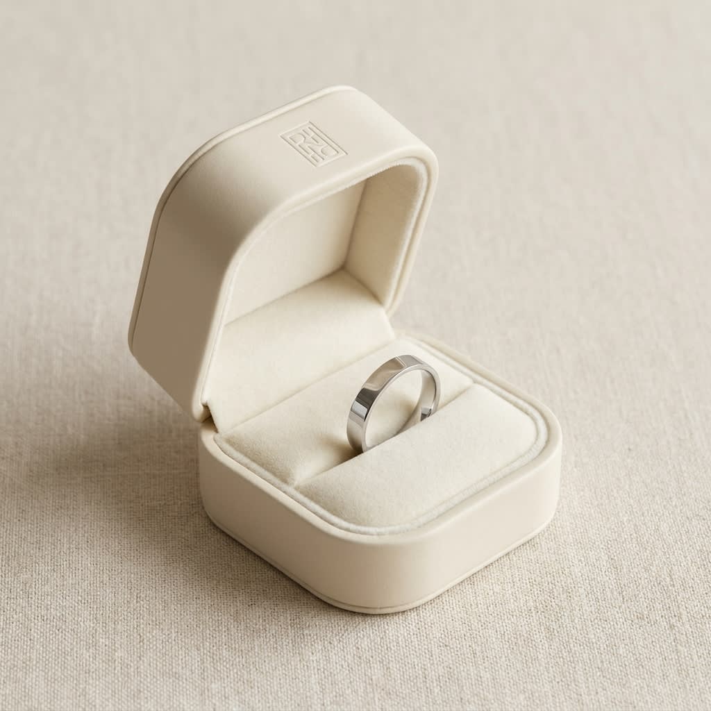 4mm Flat Comfort-Fit Wedding Band in 18K White Gold, in navy velvet jewelry box