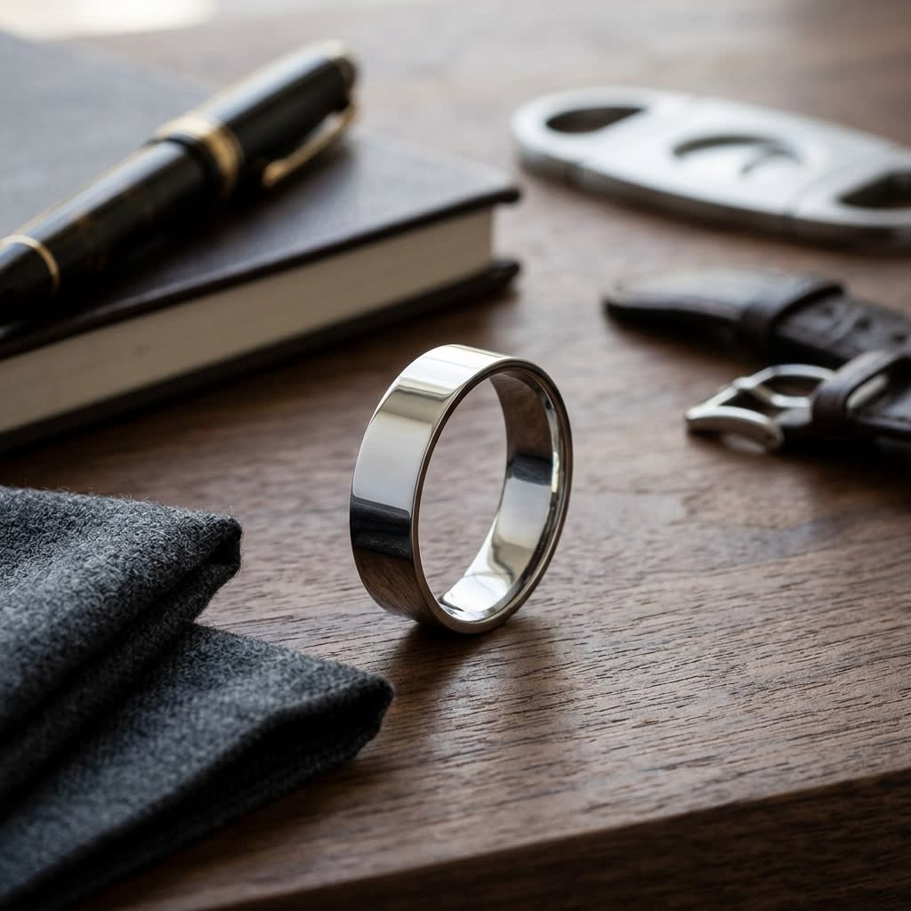 6mm Flat Comfort-Fit Wedding Band in 18K White Gold, on walnut surface with pocket square