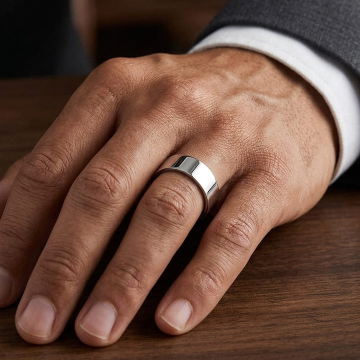 8mm Flat Comfort-Fit Wedding Band in 18K White Gold, worn on hand, masculine close-up