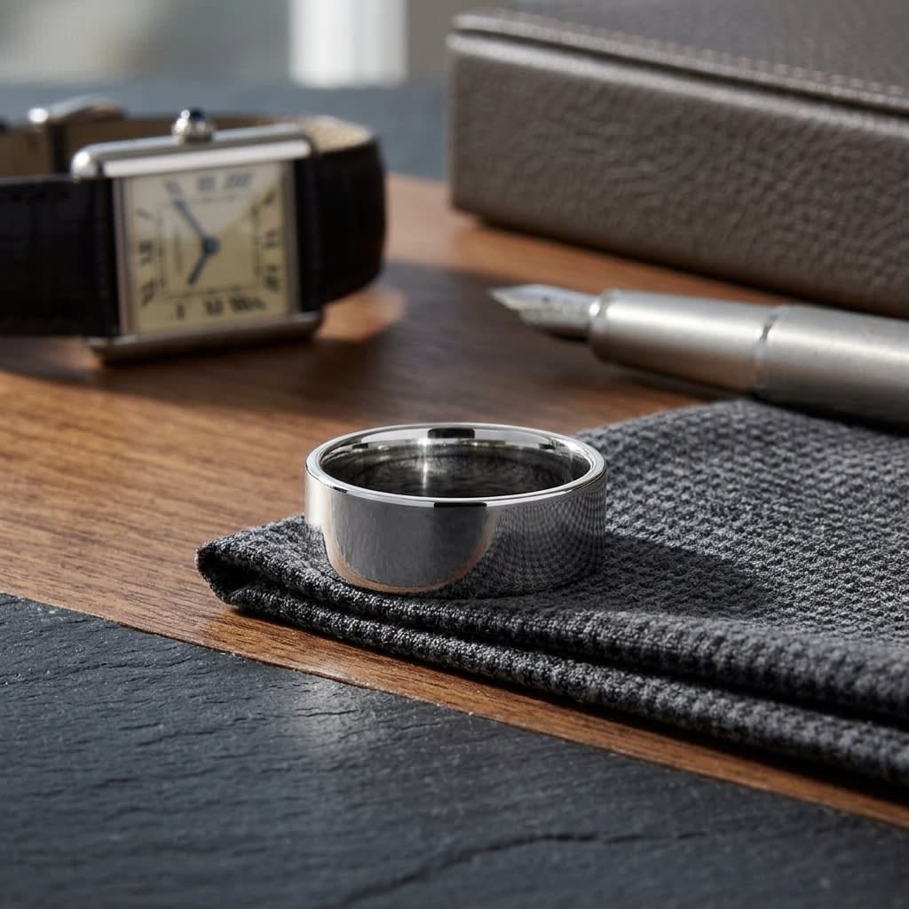 8mm Flat Comfort-Fit Wedding Band in 18K White Gold, on walnut surface with pocket square