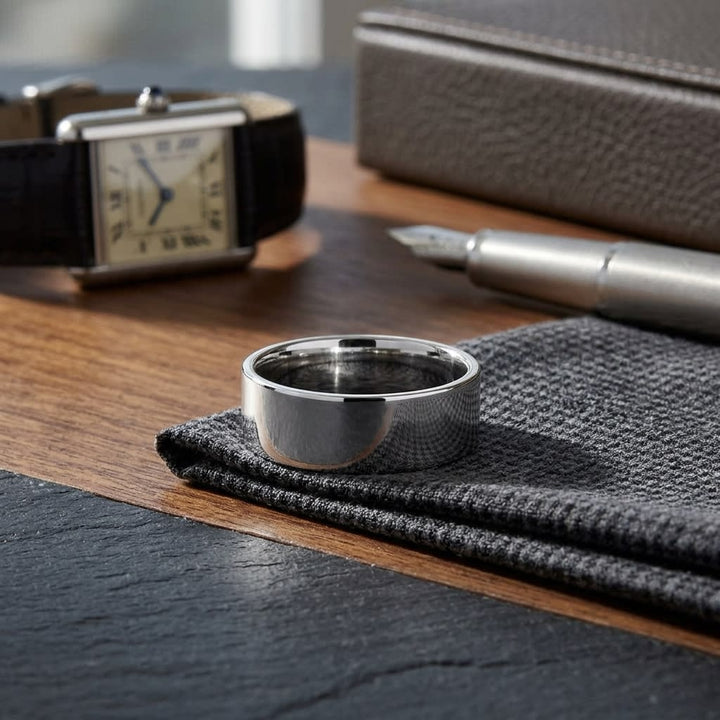 8mm Flat Comfort-Fit Wedding Band in 18K White Gold, on walnut surface with pocket square