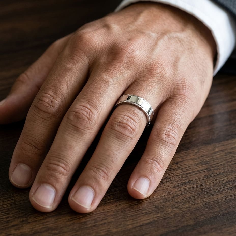 6mm Flat Milgrain Comfort-Fit Wedding Band in 18K White Gold, worn on hand, masculine close-up