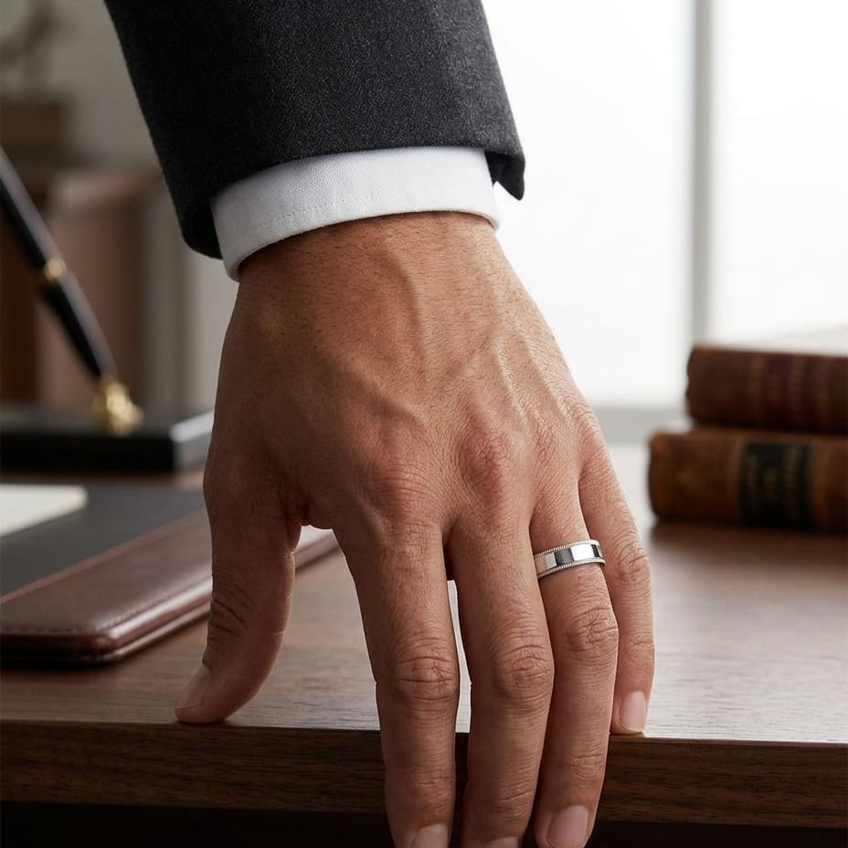 6mm Flat Milgrain Comfort-Fit Wedding Band in 18K White Gold, worn on hand, masculine full view
