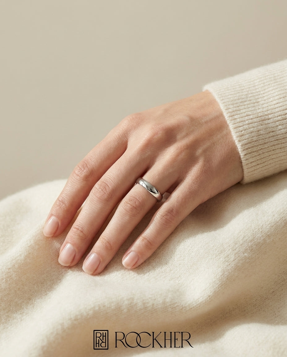 3.5mm Flat Comfort-Fit Wedding Band in 18K White Gold, worn on hand, full view