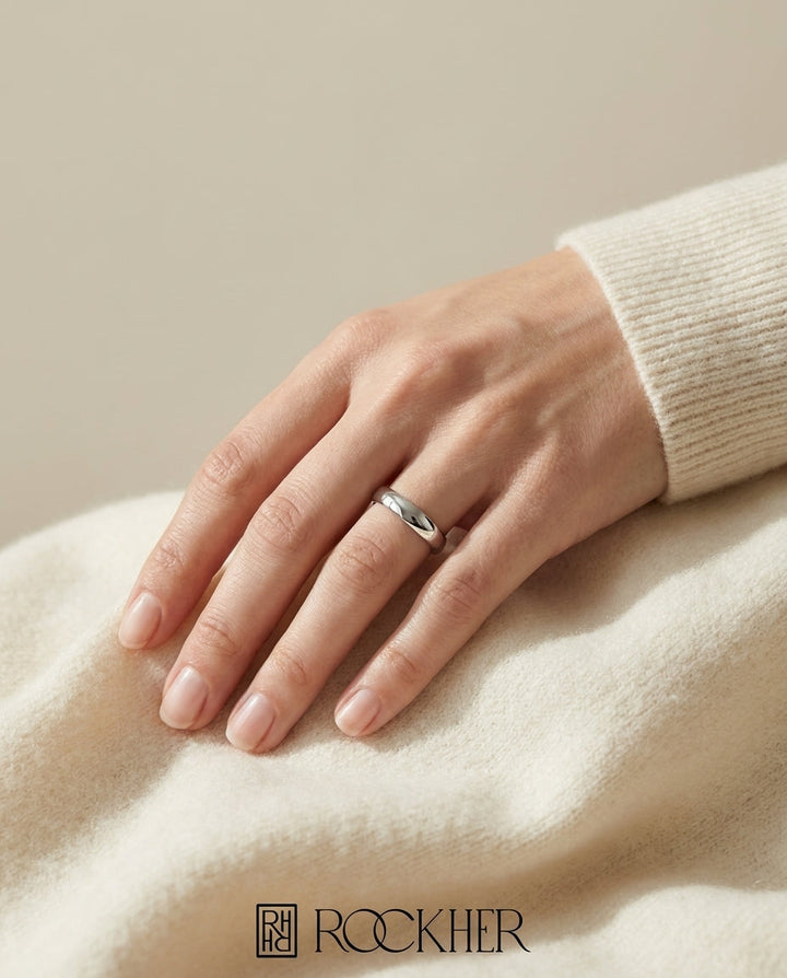 3.5mm Flat Comfort-Fit Wedding Band in 18K White Gold, worn on hand, full view