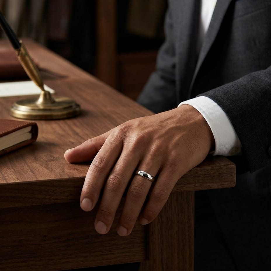 4.5mm Deluxe Comfort-Fit Wedding Band in 18K White Gold, worn on hand, masculine full view