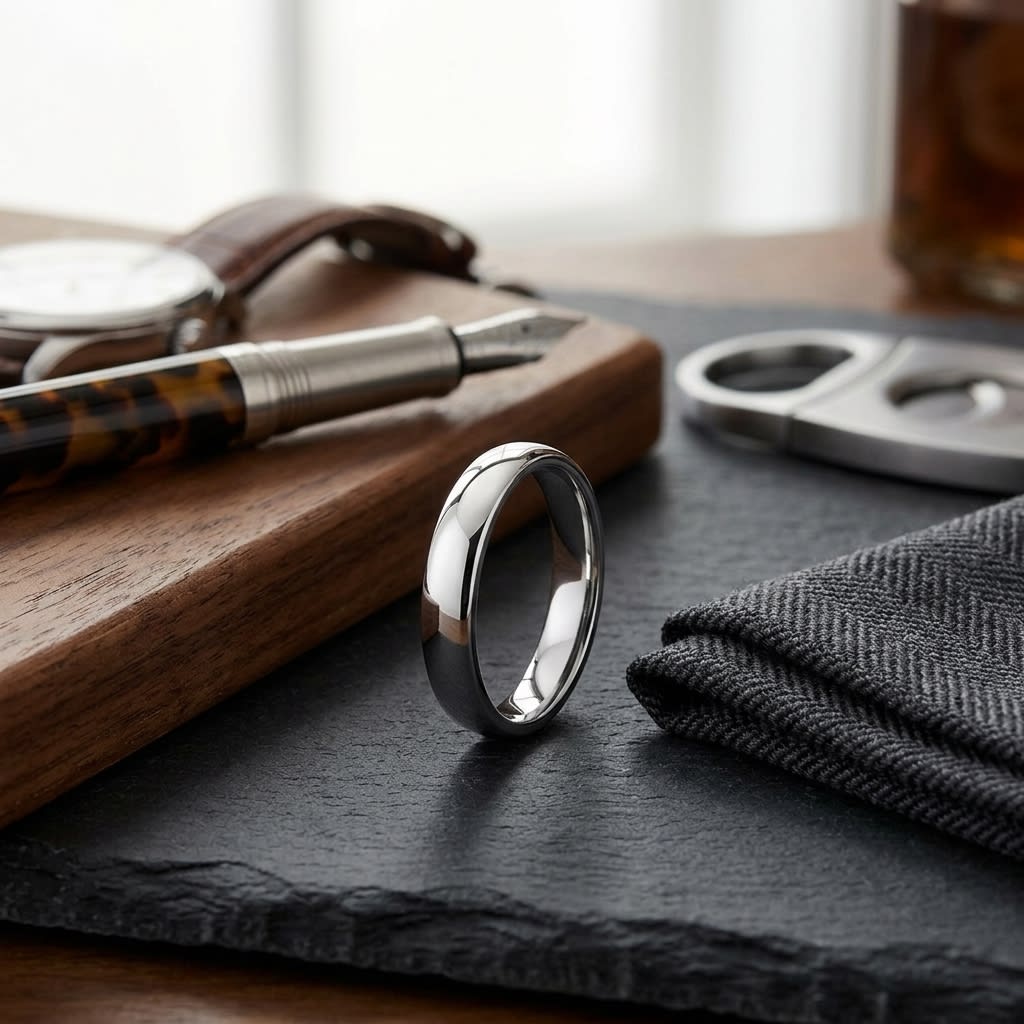 4.5mm Deluxe Comfort-Fit Wedding Band in 18K White Gold, on walnut surface with pocket square