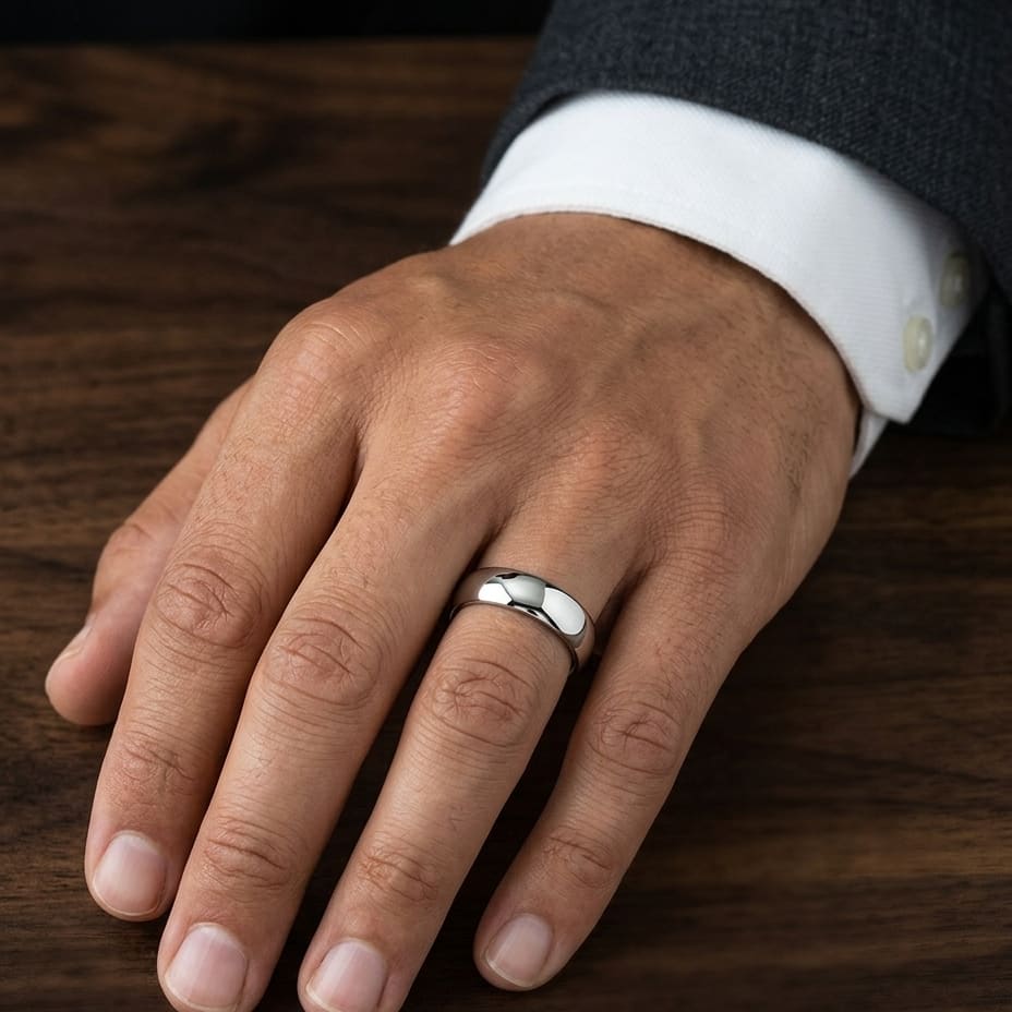 6.5mm Deluxe Comfort-Fit Wedding Band in 18K White Gold, worn on hand, masculine close-up
